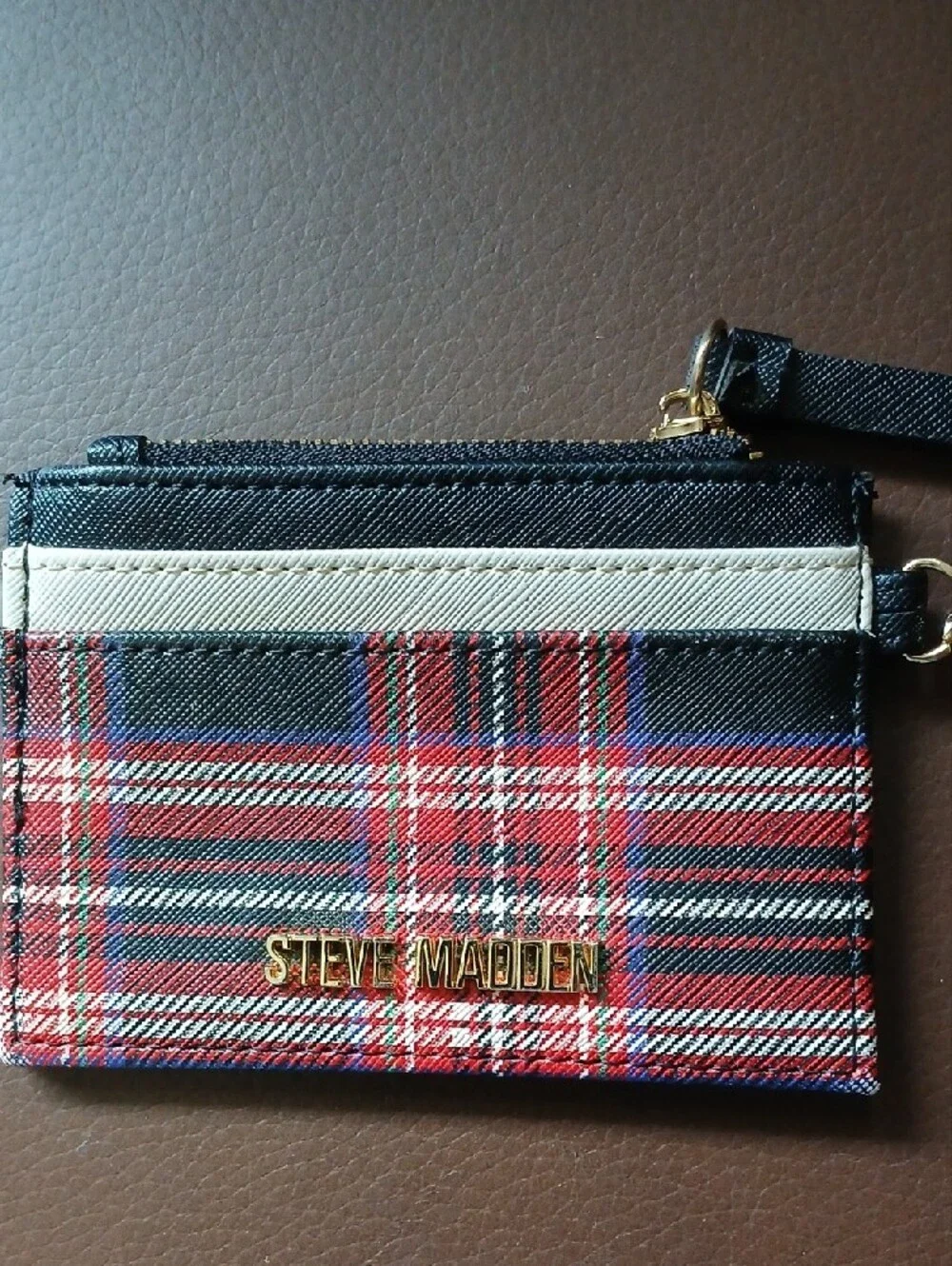 Steve Madden Red Black White Plaid Cardholder with Gold Keyring
